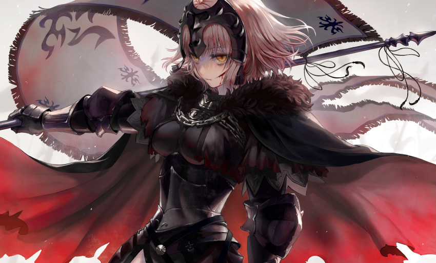 1girl a_la_votre absurdres armor armored_dress banner black_dress blonde_hair breasts breasts_apart cape chain closed_mouth dress fate/grand_order fate_(series) floating_hair gauntlets headpiece highres holding holding_weapon huge_filesize jeanne_d'arc_(alter)_(fate) jeanne_d'arc_(fate)_(all) medium_breasts short_hair solo standing weapon yellow_eyes