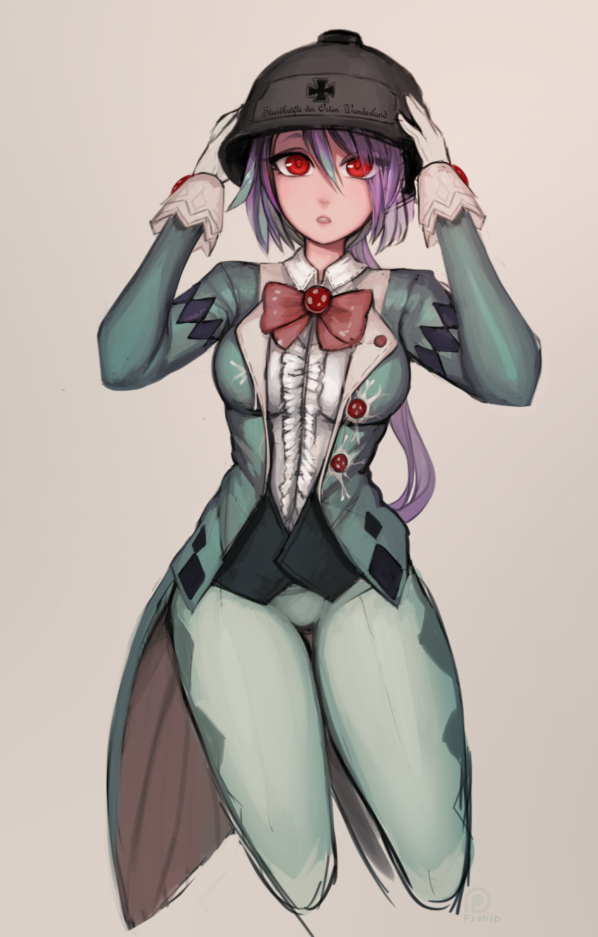 1girl absurdres alternate_headwear argyle breasts cropped_legs cross diamond_(shape) eyes_visible_through_hair formal gloves grey_hair hands_on_headwear hat helmet highres long_hair looking_at_viewer mad_hatter_(monster_girl_encyclopedia) matilda_fiship medium_breasts monster_girl_encyclopedia multicolored_hair mushroom open_mouth pants parted_lips purple_hair red_eyes shirt simple_background solo suit two-tone_hair white_gloves