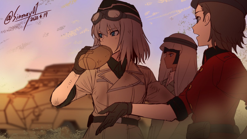3girls armored_vehicle blue_eyes bottle brown_gloves character_request dated drinking garrison_cap girls_und_panzer gloves goggles goggles_on_head ground_vehicle hat highres holding holding_bottle itsumi_erika jacket looking_to_the_side medium_hair military military_uniform multiple_girls red_jacket shinmai_(kyata) silver_hair st._gloriana's_military_uniform twitter_username uniform upper_body