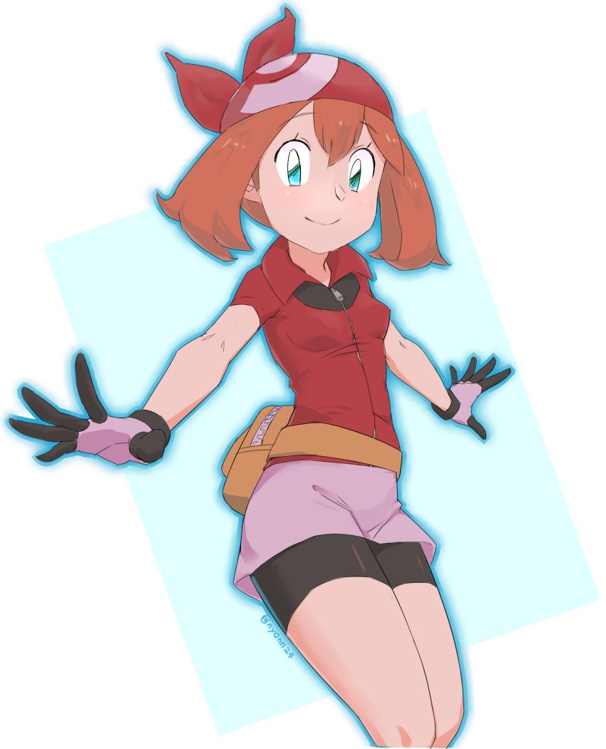 1girl bandana bike_shorts blue_eyes breasts brown_hair closed_mouth haruka_(pokemon) highres looking_at_viewer nyonn24 pokemon pokemon_(game) pokemon_rse smile