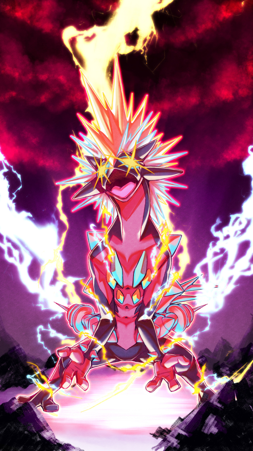 commentary_request creature electricity full_body gen_8_pokemon gigantamax gigantamax_toxtricity highres kamuza legs_apart lightning looking_at_viewer no_humans open_mouth outdoors pokemon pokemon_(creature) solo standing toxtricity