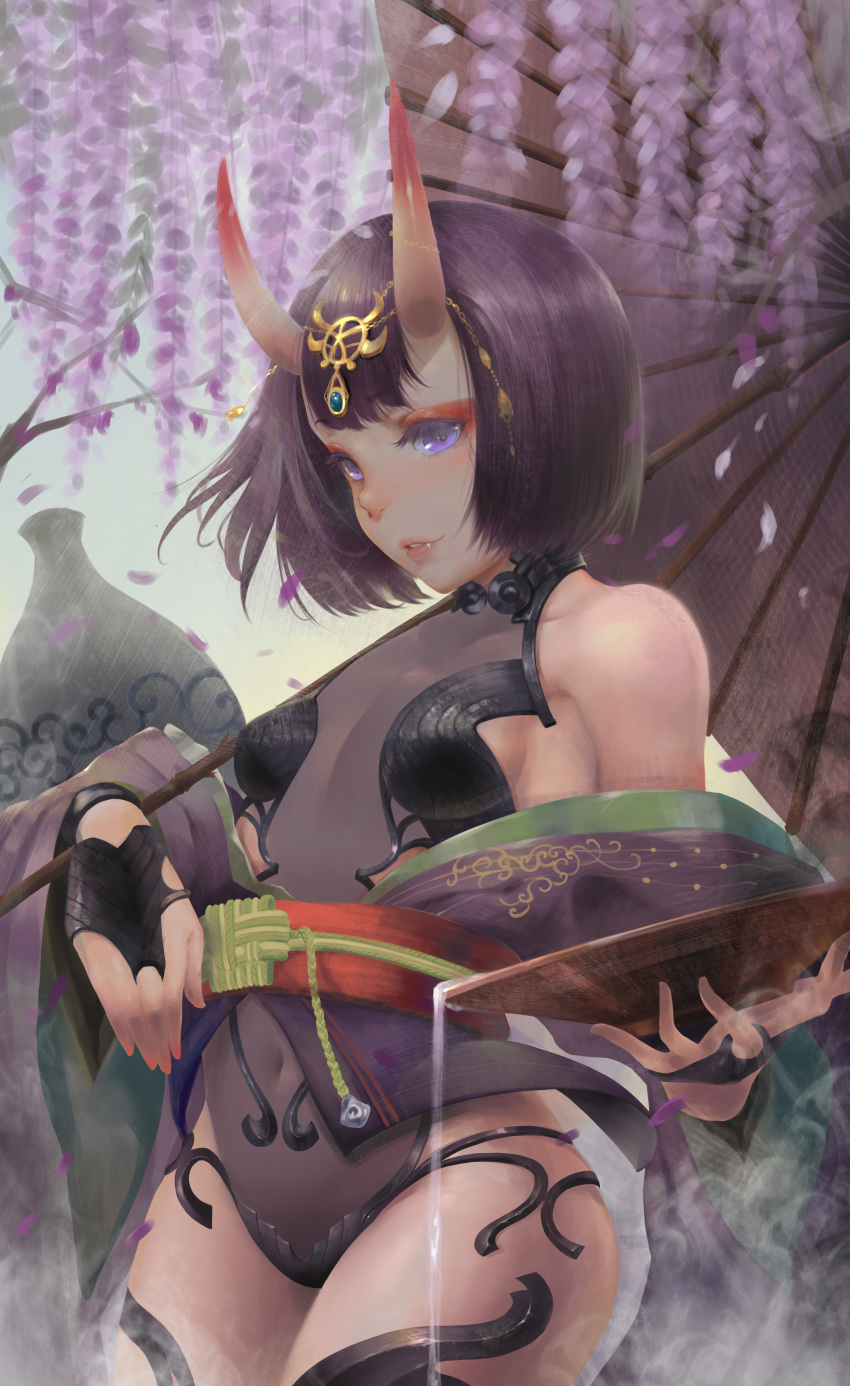 1girl absurdres adapted_costume alcohol artist_request bangs bare_shoulders blush bob_cut breasts bridal_gauntlets chain collarbone cup eyeliner fang fate/grand_order fate_(series) flower headpiece highres horns japanese_clothes jar kimono leotard long_sleeves makeup obi oni oni_horns oriental_umbrella parted_lips petals pouring purple_hair purple_kimono revealing_clothes sakazuki sake sash sheer_clothes short_hair short_kimono shuten_douji_(fate/grand_order) skin-covered_horns small_breasts solo umbrella violet_eyes wide_sleeves wisteria