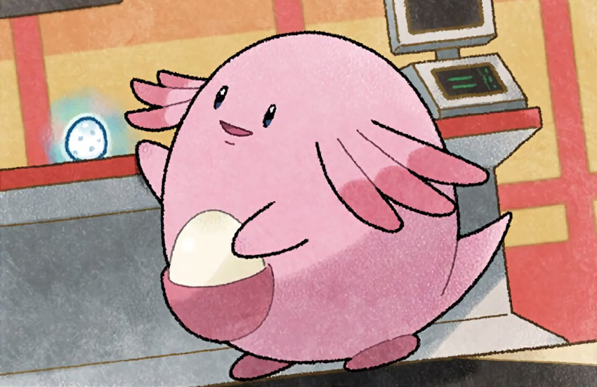 :d chansey commentary computer creature egg english_commentary eo_kanako full_body gen_1_pokemon indoors multiple_sources no_humans official_art open_mouth pokemon pokemon_(creature) pokemon_center pokemon_trading_card_game smile solo third-party_source