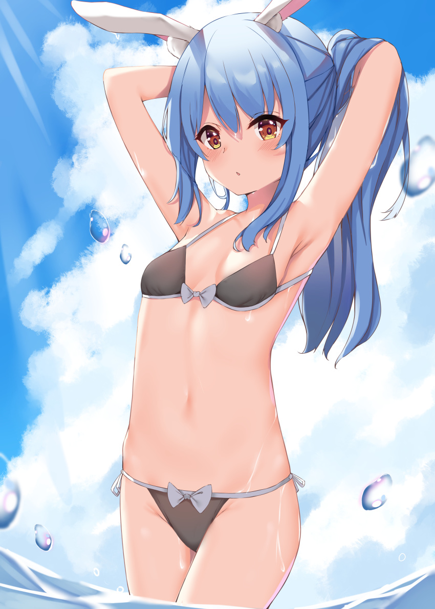 1girl :o absurdres animal_ear_fluff animal_ears armpits arms_behind_head arms_up bangs bikini black_bikini blush bow bow_bikini breasts brown_eyes bunny-shaped_pupils bunny_girl clouds cloudy_sky cowboy_shot day grey_bow grey_ribbon highres hololive light_rays long_hair looking_at_viewer navel outdoors parted_lips ponytail rabbit_ears side-tie_bikini sidelocks sky small_breasts solo stomach sunbeam sunlight swimsuit usada_pekora virtual_youtuber water xiao_lin_jiu