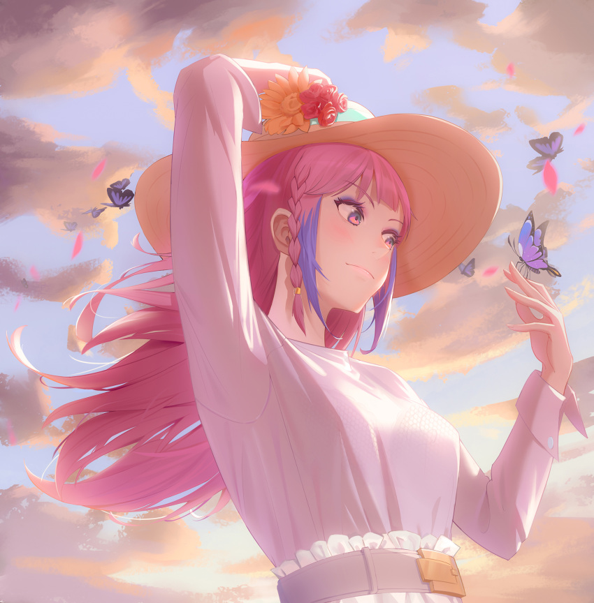 1girl arm_up belt_buckle blue_ribbon buckle butterfly_on_hand clouds day floating_hair flower from_below garter_belt hat hat_flower hat_ribbon highres long_hair long_sleeves multicolored_hair original outdoors pink_eyes pink_hair purple_hair red_flower ribbon rose shirt solo sun_hat sunflower two-tone_hair white_shirt yellow_flower yellow_headwear zero-xiuji