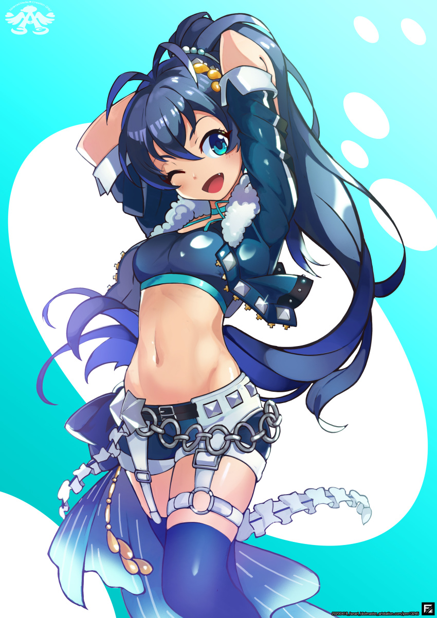 1girl ;d absurdres antenna_hair arms_behind_head arms_up artist_logo artstation_username bangs belly_chain belt black_belt black_hair blue_background blue_bow blue_choker blue_eyes blue_jacket blue_legwear blue_shorts blue_sports_bra blush bow breasts choker commentary_request cowboy_shot crop_top cropped_jacket dated eyebrows_behind_hair fang fur-trimmed_jacket fur_trim ganaha_hibiki glint groin hair_between_eyes hair_ornament highres idolmaster idolmaster_(classic) jacket jewelry logo long_hair looking_at_viewer medium_breasts midriff navel o-ring o-ring_belt one_eye_closed open_mouth pomu_(formula) ponytail shiny shiny_clothes short_shorts short_sleeves shorts sidelocks simple_background smile solo sports_bra standing thigh-highs thigh_strap two-tone_background waist_bow white_background