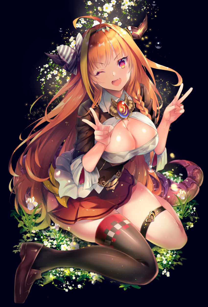 1girl ;d bangs black_background black_legwear blonde_hair blunt_bangs braid breasts brown_footwear cang_qi_lu commentary_request double_v dragon_horns dragon_tail fang flower full_body grass highres hololive horns kiryuu_coco large_breasts loafers long_hair looking_at_viewer multicolored multicolored_eyes multicolored_hair one_eye_closed open_mouth orange_hair pleated_skirt red_skirt shoes single_thighhigh sitting skirt smile solo streaked_hair tail thigh-highs thigh_strap v v-shaped_eyebrows very_long_hair virtual_youtuber wariza