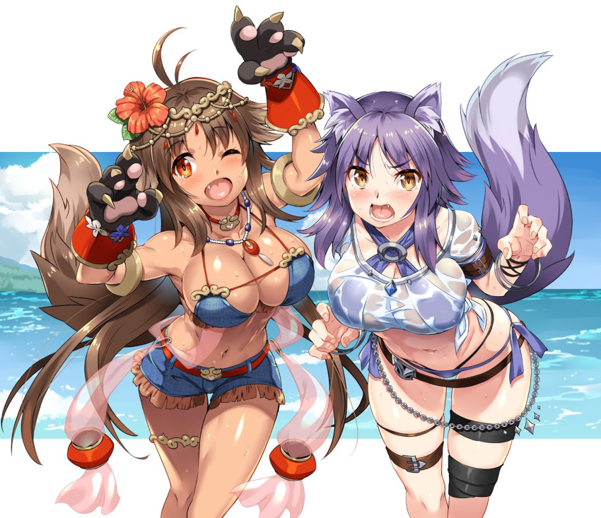 2girls aki_makoto animal_ear_fluff animal_ears antenna_hair armlet bikini blush brown_hair chain claw_pose dog_ears dog_girl dog_tail fang flower hair_flower hair_ornament hibiscus highres jewelry kyan_kaori long_hair medium_hair multiple_girls necklace ocean one_eye_closed open_mouth orange_eyes princess_connect! princess_connect!_re:dive purple_hair see-through shinozuka_atsuto shirt shorts swimsuit swimsuit_under_clothes tail tan thigh_strap thighlet tiara very_long_hair wet wet_clothes wet_shirt wolf_ears wolf_girl wolf_tail yellow_eyes