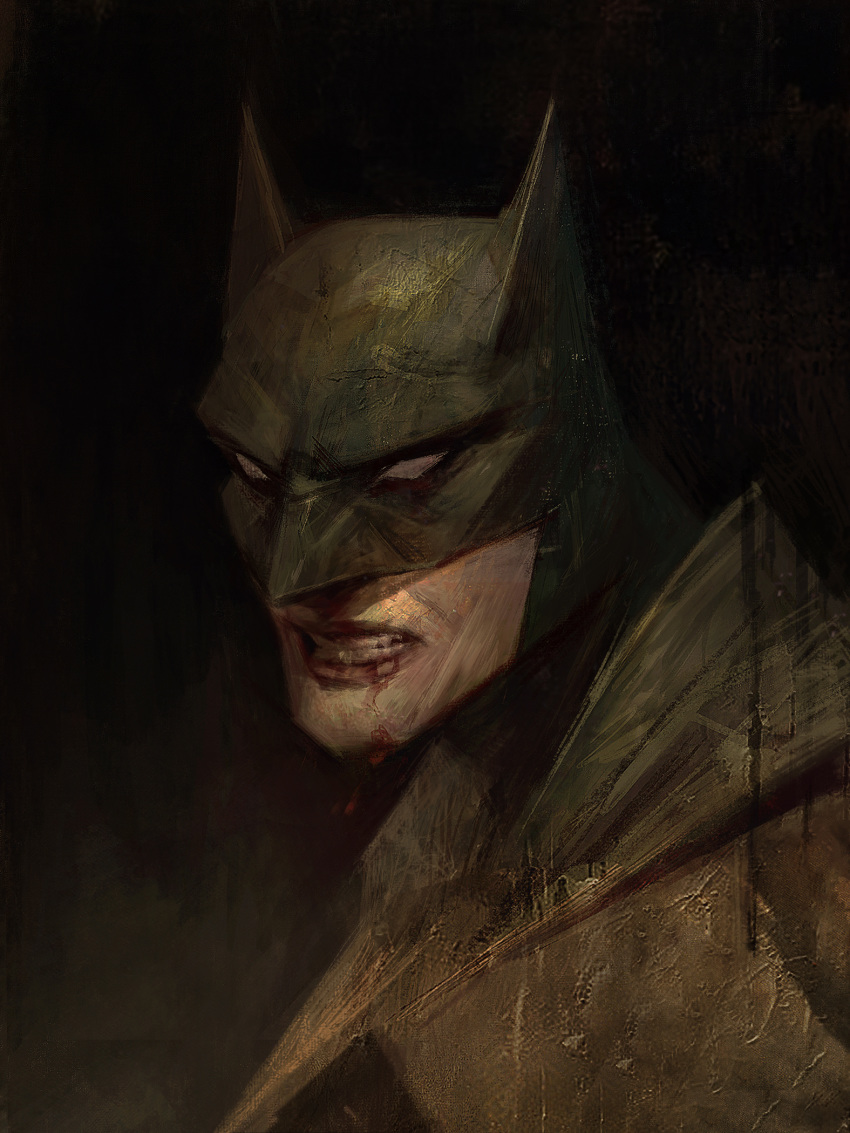 1boy batman batman_(series) bettydesujiang black_background bleeding blood blood_from_mouth blood_on_face clenched_teeth face highres male_focus mask painterly solo teeth upper_body