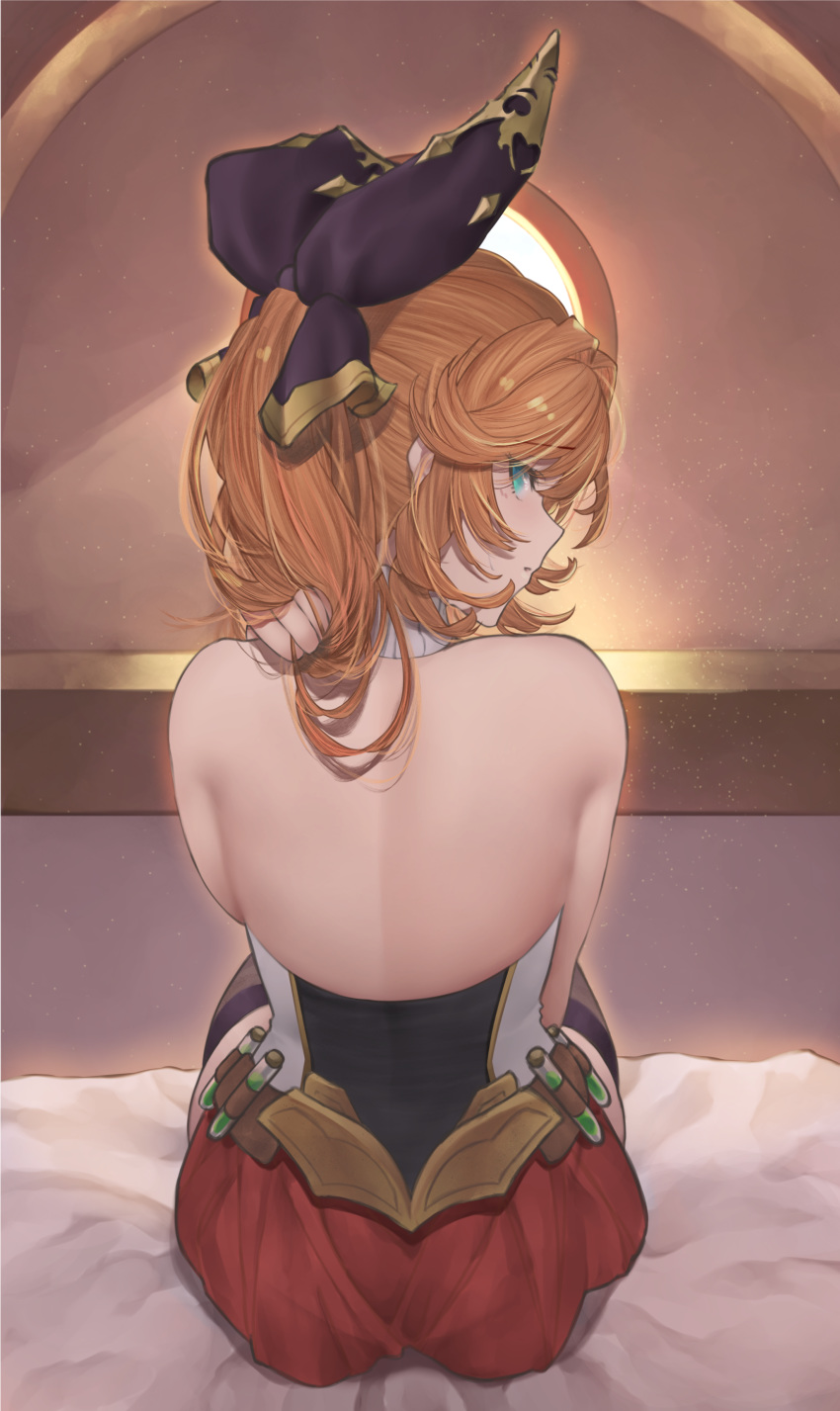 1girl absurdres aqua_eyes back backlighting bare_back bare_shoulders bed_sheet belt betabeet black_legwear bow clarisse_(granblue_fantasy) detached_collar from_behind granblue_fantasy hair_bow highres indoors long_hair looking_at_viewer looking_back on_bed orange_hair parted_lips ponytail purple_bow red_skirt sitting sitting_on_bed skirt solo test_tube thigh-highs window