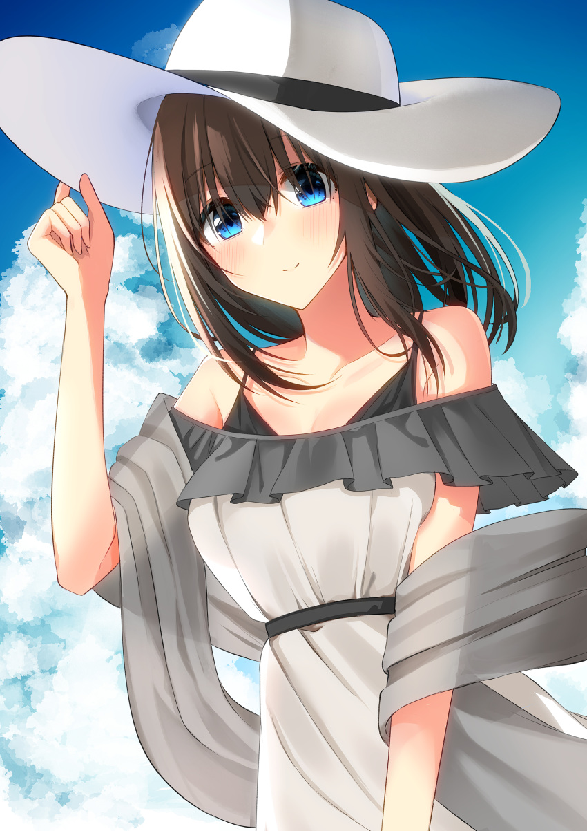 1girl absurdres adjusting_clothes adjusting_hat black_hair blue_eyes blue_sky clouds commentary_request dress eyebrows_visible_through_hair grey_shawl hair_between_eyes hat highres idolmaster idolmaster_cinderella_girls idolmaster_cinderella_girls_starlight_stage light_blush light_smile looking_at_viewer medium_hair sagisawa_fumika sky solo tamakura_(horitatu0212) upper_body white_dress white_headwear