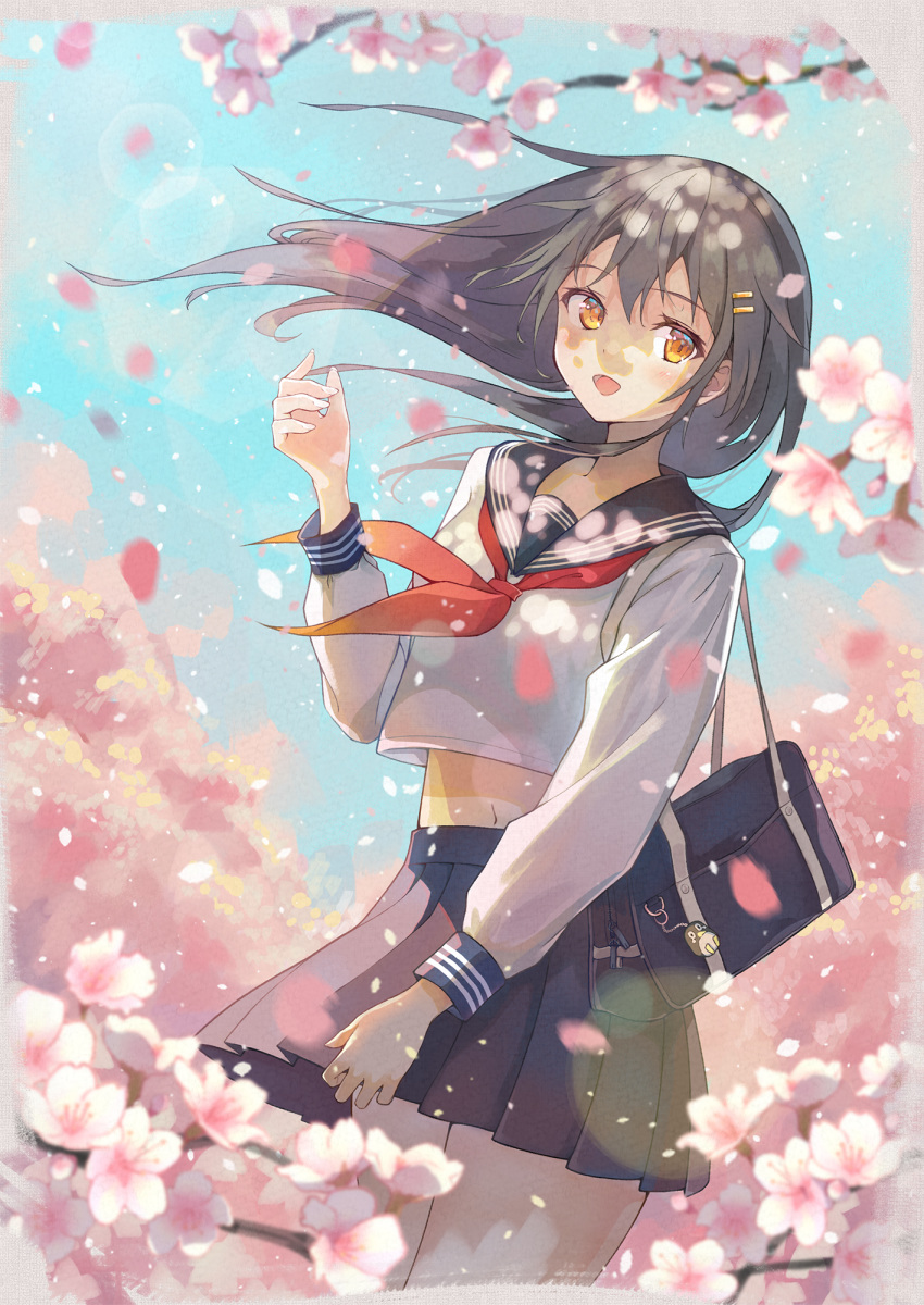 1girl :d alternate_costume bag black_hair black_sailor_collar black_skirt blush cherry_blossoms cowboy_shot failure_penguin fingernails hair_between_eyes hair_ornament hairclip haruna_(kantai_collection) highres kantai_collection long_hair long_sleeves neckerchief open_mouth petals pleated_skirt red_neckwear sailor_collar school_uniform serafuku shoulder_bag skirt smile solo touken yellow_eyes