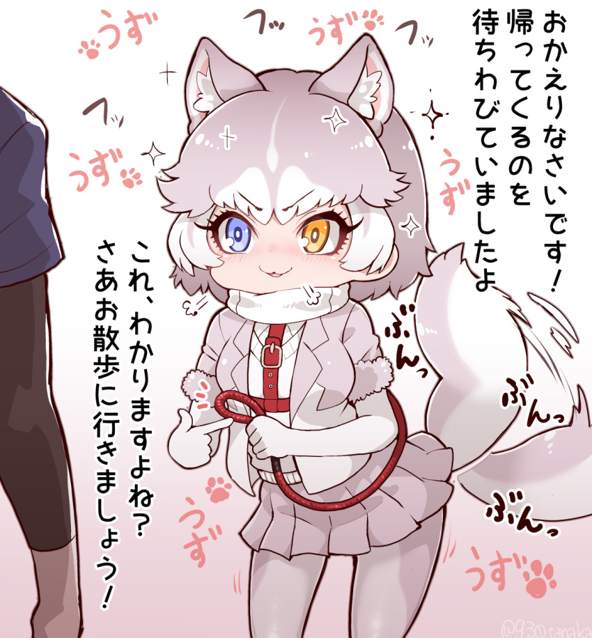 1girl :3 =3 afterimage animal_ears blue_eyes blush commentary_request cowboy_shot disembodied_limb dog_(mixed_breed)_(kemono_friends) dog_ears dog_girl dog_tail elbow_gloves eyebrows_visible_through_hair fur_trim gloves grey_fur grey_hair grey_jacket grey_legwear grey_skirt harness heterochromia highres jacket kemono_friends leash multicolored_hair pantyhose paw_print pleated_skirt scarf short_hair short_sleeves skirt sparkle swimsuit tail tail_wagging tanaka_kusao translation_request two-tone_hair white_gloves white_hair white_scarf white_swimsuit yellow_eyes