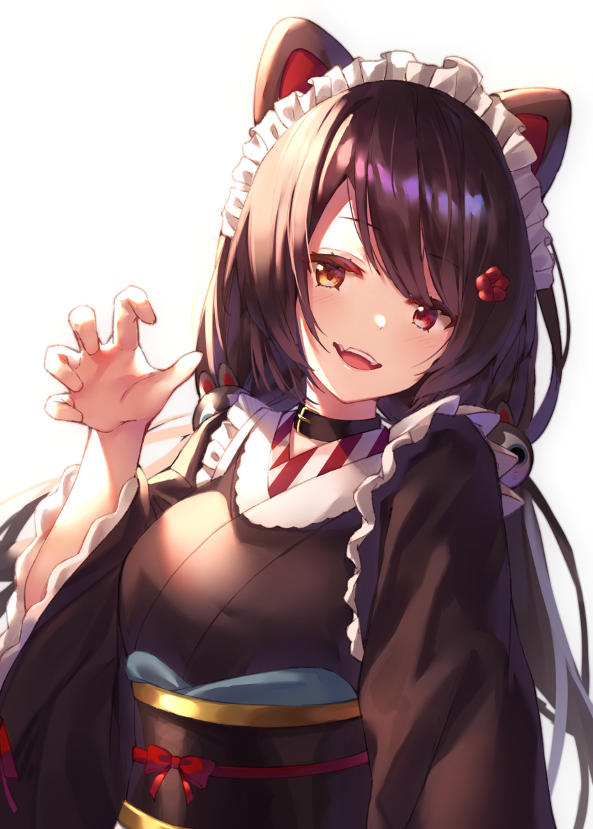 1girl :d absurdres animal_ears backlighting bangs black_hair blush breasts brown_eyes brown_kimono claw_pose commentary_request dog_ears dog_hair_ornament eyebrows_visible_through_hair fangs flower hair_flower hair_ornament hand_up heterochromia highres inui_toko japanese_clothes kimono long_hair long_sleeves low_twintails maid_headdress medium_breasts nijisanji obi open_mouth red_eyes red_flower sash simple_background smile solo twintails upper_teeth virtual_youtuber white_background wide_sleeves yuuki_nao_(pixiv10696483)