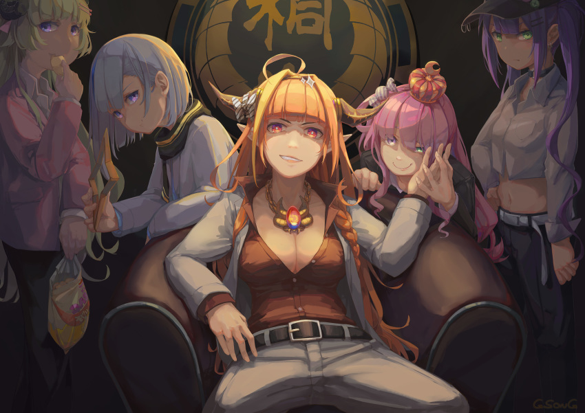 5girls ahoge amane_kanata arm_at_side baseball_cap belt black_headwear black_pants blonde_hair blue_hair breasts brown_shirt chair chips choker closed_mouth commentary_request crop_top crown dragon_horns dress_shirt earrings food formal green_eyes gsong-chan hair_ornament hairclip halo hand_on_another's_cheek hand_on_another's_face hand_on_hip hat highres himemori_luna holding holding_halo holding_hands hololive horns jewelry kiryuu_coco large_breasts long_hair looking_at_viewer multicolored multicolored_eyes multicolored_hair multiple_girls orange_hair pants pink_hair pink_shirt pointy_ears potato_chips purple_hair sheep_horns shirt short_hair sitting smile smirk squinting standing streaked_hair suit tokoyami_towa tsunomaki_watame twintails v-shaped_eyebrows violet_eyes white_shirt