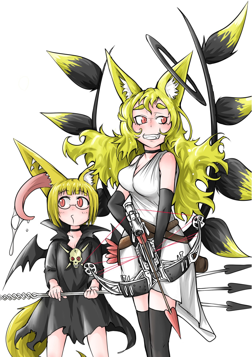 2girls absurdres animal_ears bat_wings belt black_choker black_dress black_gloves black_legwear blonde_hair blush bow_(weapon) choker crossbow crossbow_bolts doitsuken dress elbow_gloves eyebrows_visible_through_hair fox_ears fox_tail gloves grin halo highres holding multiple_girls o3o original quiver red_eyes short_hair simple_background slit_pupils smile standing tail thigh-highs weapon white_background white_dress wings