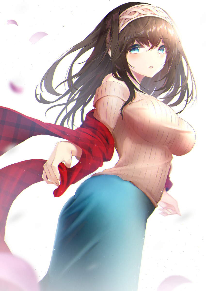 1girl bare_shoulders black_hair blue_eyes blue_skirt blush commentary_request hairband highres idolmaster idolmaster_cinderella_girls long_hair long_skirt looking_at_viewer off-shoulder_sweater off_shoulder petals plaid_shawl red_shawl ribbed_sweater sagisawa_fumika simple_background skirt solo sweater white_background yk_(pixiv43531291)