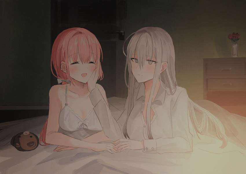 2girls :d ^_^ bangs bed blush bow breasts chest_of_drawers chihuri closed_eyes closed_mouth collared_shirt dress dress_shirt eyebrows_visible_through_hair flower grey_eyes grey_hair hair_between_eyes hair_bow hand_on_another's_face highres indoors long_hair long_sleeves lying multiple_girls on_stomach open_mouth original pink_hair red_flower red_rose rose shirt sleeveless sleeveless_shirt small_breasts smile stuffed_animal stuffed_toy teddy_bear under_covers vase very_long_hair white_bow white_dress white_shirt yana_(chihuri) yuri zoya_petrovna_vecheslova