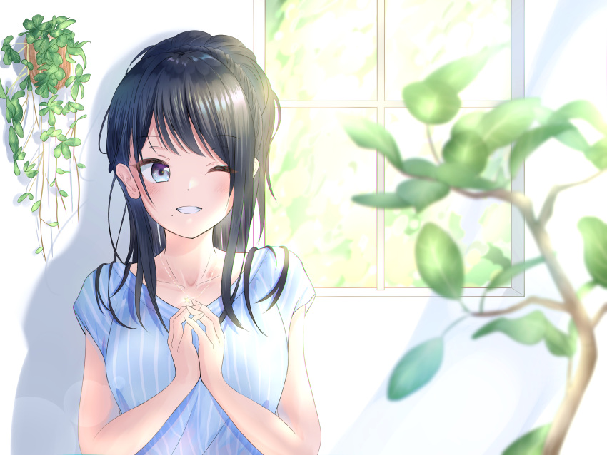 1girl ;d absurdres bangs black_hair blue_eyes blue_shirt blush braid branch breasts collarbone crown_braid eyebrows_visible_through_hair hair_over_shoulder hands_together highres huge_filesize idolmaster idolmaster_shiny_colors kazano_hiori lanzi_(lanzi_vt) leaf long_hair looking_to_the_side mole mole_under_mouth one_eye_closed open_mouth plant shirt short_sleeves sidelocks small_breasts smile solo striped striped_shirt sunlight upper_body v-neck vines window