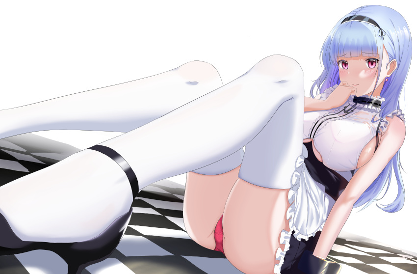 1girl absurdres anchor_choker apron azur_lane bangs bare_shoulders black_footwear black_hairband blush breasts center_frills checkered checkered_floor choker dido_(azur_lane) earrings eyebrows_visible_through_hair frilled_apron frilled_choker frills hairband heart heart_earrings highres jewelry lace-trimmed_hairband large_breasts long_hair looking_at_viewer maid maid_dress nail_polish nyannzou789 panties pink_eyes red_panties shoes silver_hair sitting sleeveless solo thigh-highs under_boob underboob_cutout underwear waist_apron white_apron white_legwear
