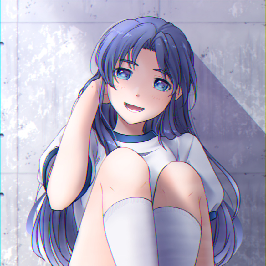 1girl :d asakura_ryouko blue_eyes blue_hair gym_uniform hand_in_hair knees_up long_hair looking_at_viewer nao_(doublexdutch) open_mouth shirt smile socks solo suzumiya_haruhi_no_yuuutsu wall white_legwear