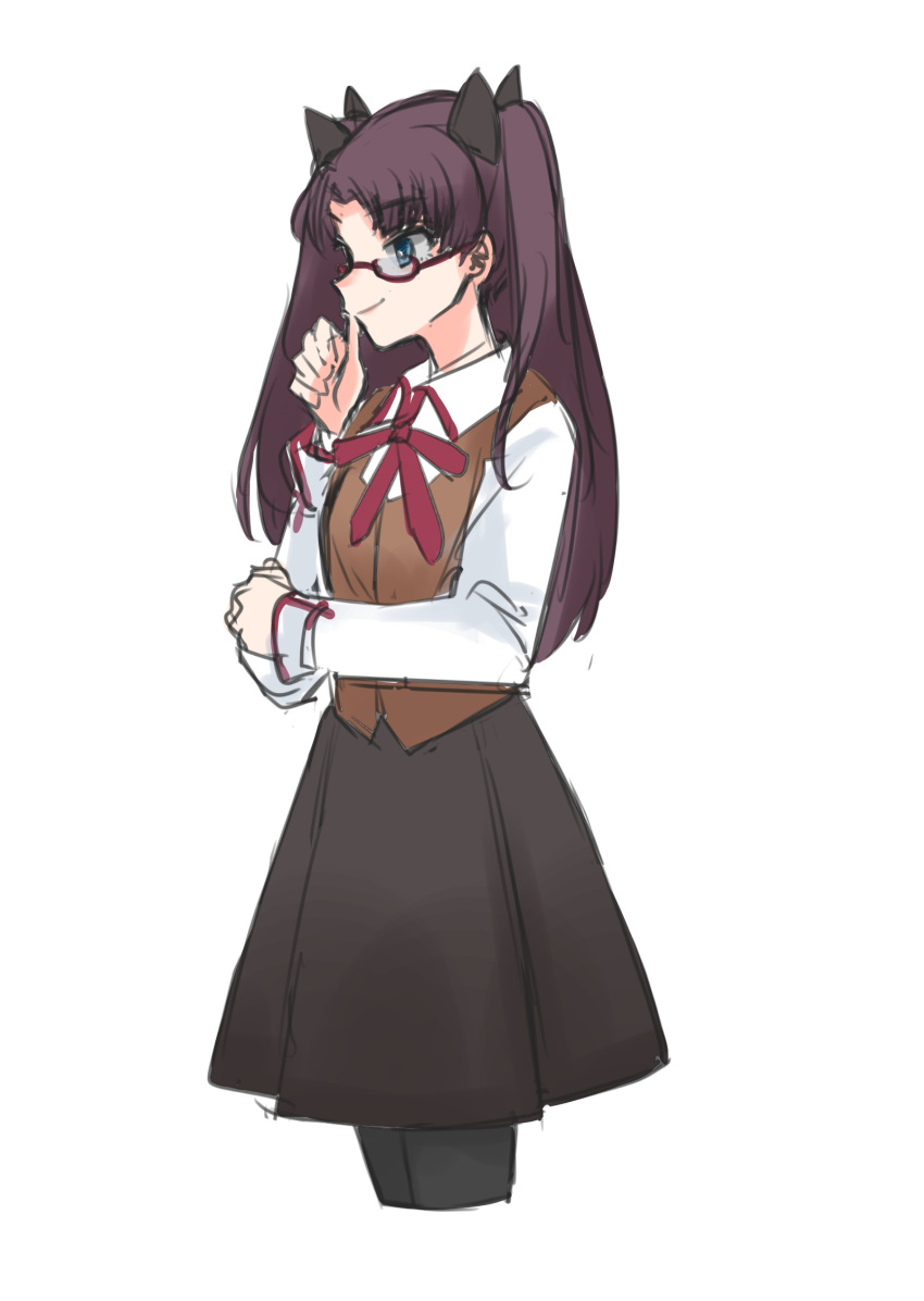 1girl aaru_(kerogero1582) black_bow bow brown_skirt brown_vest cropped_legs fate/stay_night fate_(series) green_eyes hair_bow highres homurahara_academy_uniform semi-rimless_eyewear sketch skirt smile solo thigh-highs thumb_to_mouth toosaka_rin twintails vest white_background