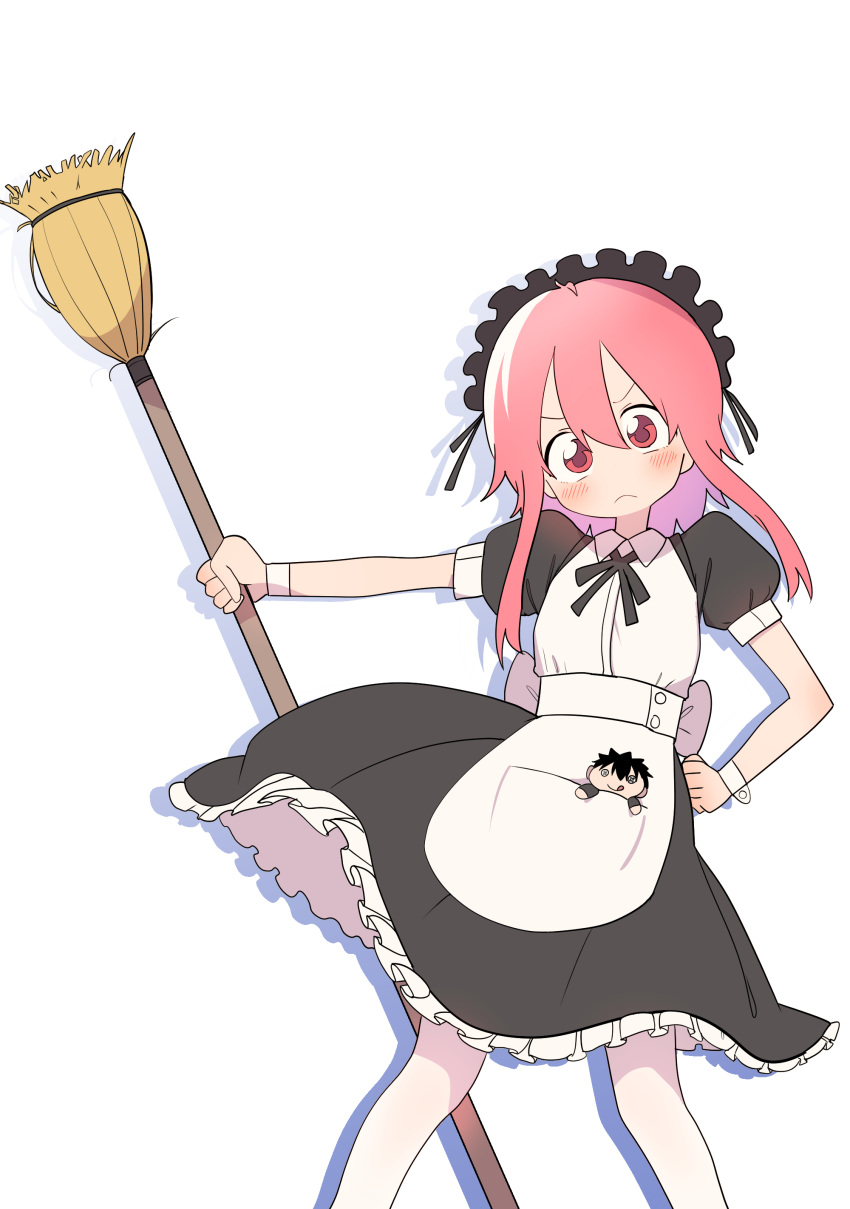 1girl absurdres alternate_costume apron black_dress blush broom bural_chingu character_doll dress enmaided frilled_apron frilled_dress frills hair_between_eyes highres kang_min-cheol lee_ji-eun looking_at_viewer luke_(dydansgur) maid maid_apron maid_dress maid_headdress pantyhose pink_eyes pink_hair puffy_short_sleeves puffy_sleeves short_hair_with_long_locks short_sleeves sidelocks solo waist_apron white_apron white_legwear wrist_cuffs