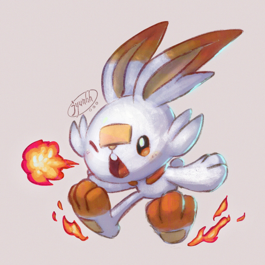 bunny_focus commentary_request creature full_body gen_8_pokemon highres jyunhh no_humans one_eye_closed pokemon pokemon_(creature) rabbit scorbunny signature simple_background solo