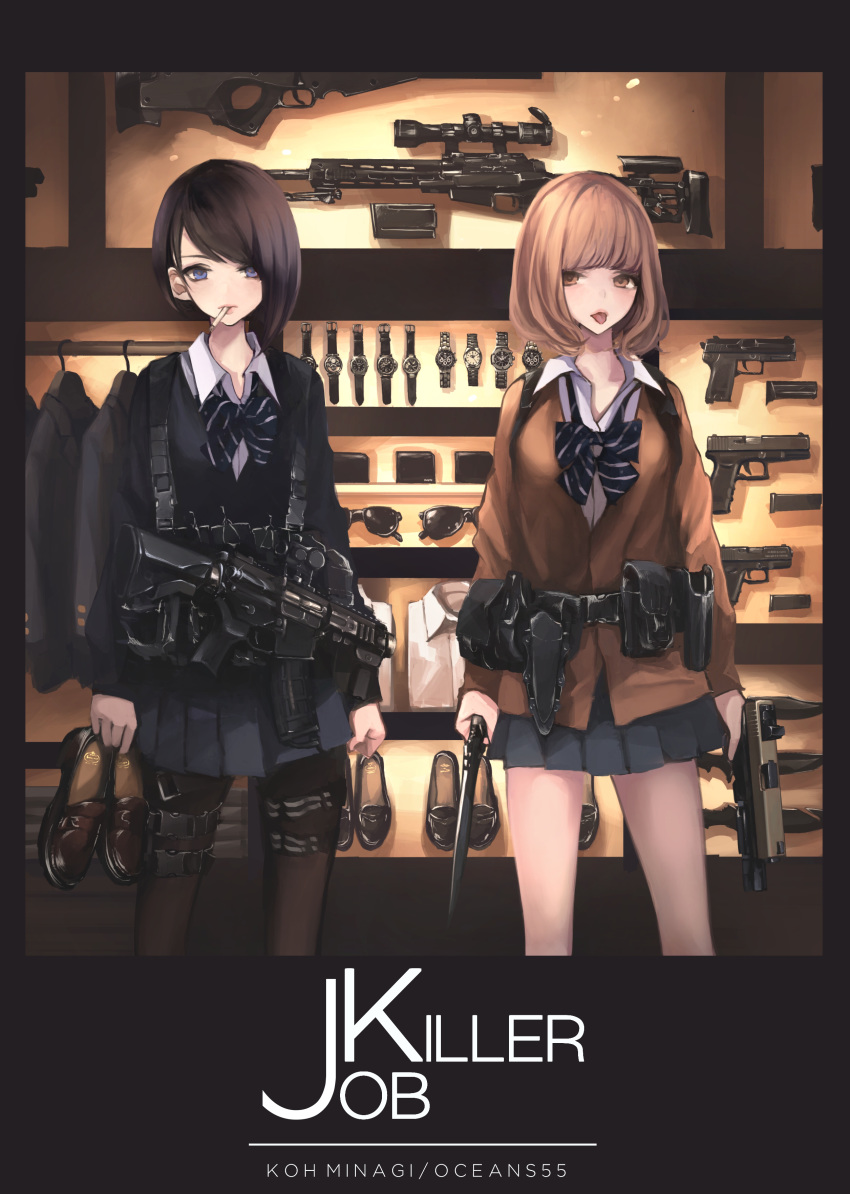 2girls :p absurdres ar-15 asymmetrical_hair bangs belt black_hair black_legwear blunt_bangs bow brown_eyes brown_hair cardigan cigarette clenched_hand clothes_hanger cover cover_page gun gun_rack handgun highres holding holding_gun holding_shoes holding_weapon indoors knife koh_(minagi_kou) mouth_hold multiple_girls original pantyhose pleated_skirt red_eyes rifle school_uniform shoes short_hair skirt standing sunglasses thigh_strap tongue tongue_out utility_belt watch watch weapon