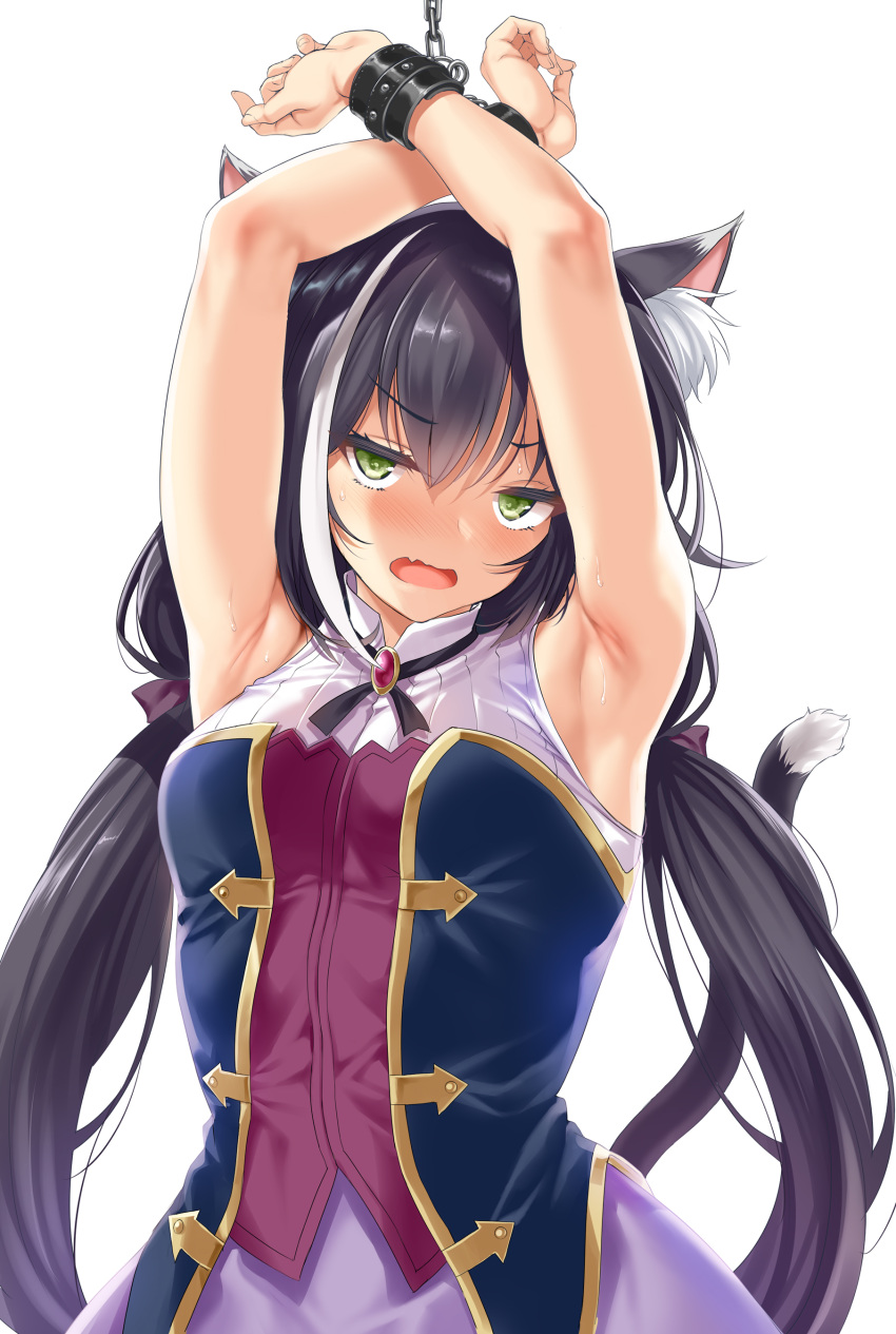 1girl absurdres animal_ear_fluff animal_ears armpits arms_up bangs bare_shoulders bdsm black_hair blush bondage bound bound_arms breasts cat_ears cat_girl cat_tail chain chained cowboy_shot dress eyebrows_visible_through_hair fang green_eyes highres kure_masahiro kyaru_(princess_connect) long_hair looking_at_viewer low_twintails multicolored multicolored_clothes multicolored_dress multicolored_hair princess_connect! simple_background skin_fang sleeveless sleeveless_dress small_breasts solo streaked_hair tail twintails v-shaped_eyebrows very_long_hair white_background white_hair