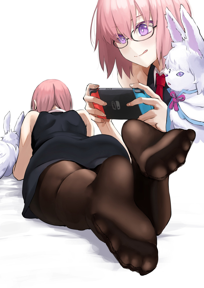 1girl asakura_kukuri ass black_dress blush breasts brown_legwear closed_mouth creature dress fate/grand_order fate_(series) feet fou_(fate/grand_order) glasses hair_over_one_eye handheld_game_console highres holding_handheld_game_console lavender_hair legs licking_lips lying mash_kyrielight multiple_views necktie nintendo nintendo_switch on_stomach pantyhose red_neckwear short_hair sleeveless sleeveless_dress smile soles toes tongue tongue_out violet_eyes