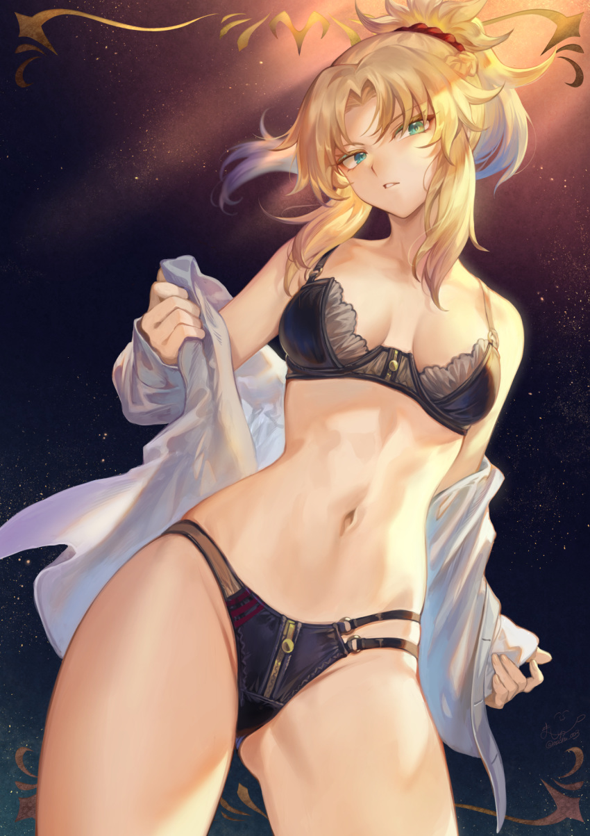 1girl bangs bare_shoulders black_bra black_panties blonde_hair blush bra braid breasts collarbone dress_shirt fate/apocrypha fate_(series) french_braid gradient gradient_background green_eyes hair_ornament hair_scrunchie highres large_breasts light_rays long_hair looking_at_viewer mashuu_(neko_no_oyashiro) mordred_(fate) mordred_(fate)_(all) navel off_shoulder open_clothes open_shirt panties parted_bangs parted_lips ponytail red_scrunchie scrunchie shirt sidelocks small_breasts thighs underwear white_shirt