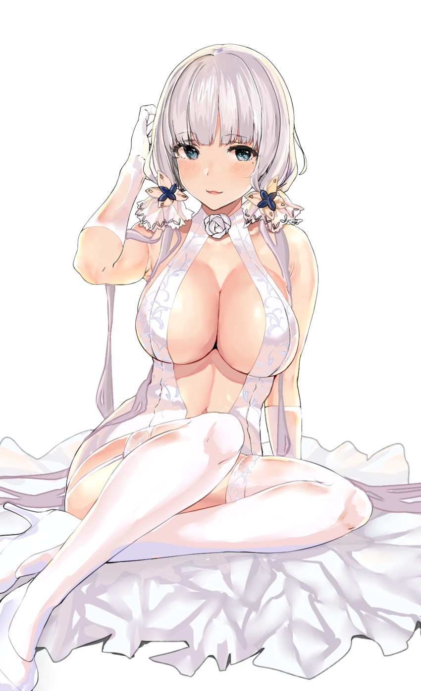 1girl azur_lane bangs blue_eyes blunt_bangs breasts eyebrows_visible_through_hair gloves hand_up highres illustrious_(azur_lane) illustrious_(morning_star_of_love_and_hope)_(azur_lane) large_breasts long_hair looking_at_viewer low_twintails mole mole_under_eye navel simple_background sitting solo temir thigh-highs twintails white_background white_gloves white_hair white_legwear