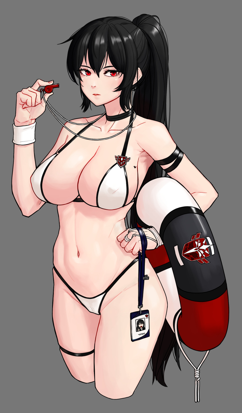 1girl absurdres arm_strap bangs bikini black_choker black_hair breasts choker collarbone covered_nipples cropped_legs grey_background hair_between_eyes heart highres holding holding_whistle innertube iris_yuma large_breasts long_hair looking_at_viewer micro_bikini name_tag navel parted_lips ponytail red_eyes scarlettear33 serious solo soul_worker stomach sweatband swimsuit thigh_strap very_long_hair whistle white_bikini