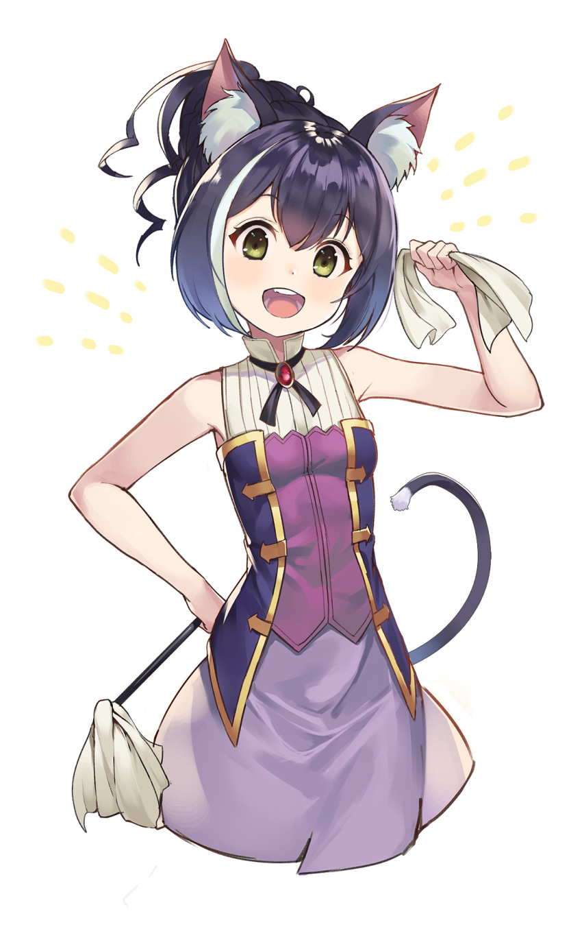 1girl :d animal_ear_fluff animal_ears bangs bare_shoulders black_hair blush breasts brooch cat_ears cat_girl cat_tail duster eyebrows_visible_through_hair green_eyes hair_between_eyes hair_up highres jewelry kyaru_(princess_connect) long_hair looking_at_viewer multicolored_hair ohihil open_mouth princess_connect! princess_connect!_re:dive rag simple_background sleeveless small_breasts smile solo streaked_hair tail upper_teeth white_background white_hair