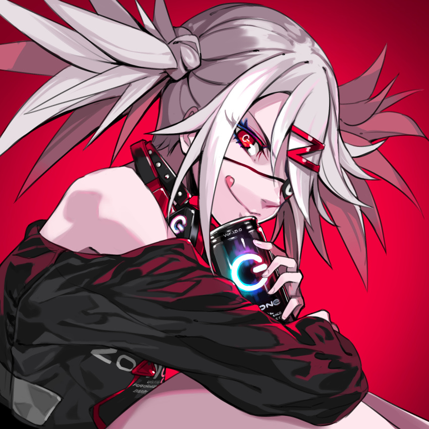 1girl bare_shoulders black_collar black_eyepatch can closed_mouth collar eyebrows_visible_through_hair eyepatch eyes_visible_through_hair fingernails glowing gradient gradient_background grey_hair hair_ornament headphones headphones_around_neck highres holding holding_can long_hair original pokimari power_symbol red_background red_eyes smile solo spiked_collar spikes tongue tongue_out twintails zipper_pull_tab
