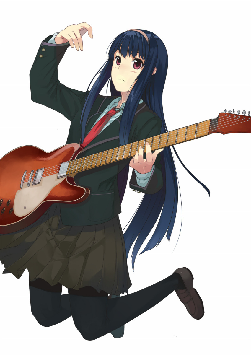 1girl black_legwear blue_hair brown_footwear closed_mouth collared_shirt copyright_request dark_skin electric_guitar fingernails green_jacket guitar hairband highres holding holding_instrument instrument jacket jumping kagematsuri loafers long_hair long_sleeves looking_at_viewer music necktie pantyhose playing_instrument pleated_skirt red_eyes red_neckwear school_uniform shirt shoes simple_background skirt solo white_background white_shirt wing_collar