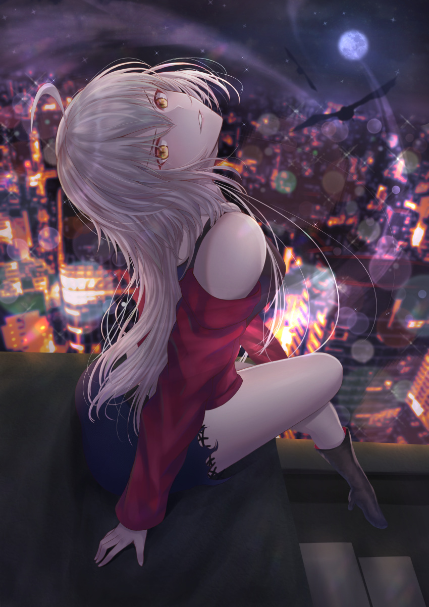 1girl absurdres ahoge ass bangs bird black_footwear black_skirt blush boots breasts cityscape crossed_legs fate/grand_order fate_(series) full_moon head_tilt high_heel_boots high_heels highres huge_filesize jeanne_d'arc_(alter)_(fate) jeanne_d'arc_(fate)_(all) knee_boots large_breasts long_hair long_sleeves looking_at_viewer moon night night_sky off-shoulder_shirt off_shoulder penguintake red_skirt shirt silver_hair sitting skirt sky slit_pupils smile solo thighs very_long_hair yellow_eyes