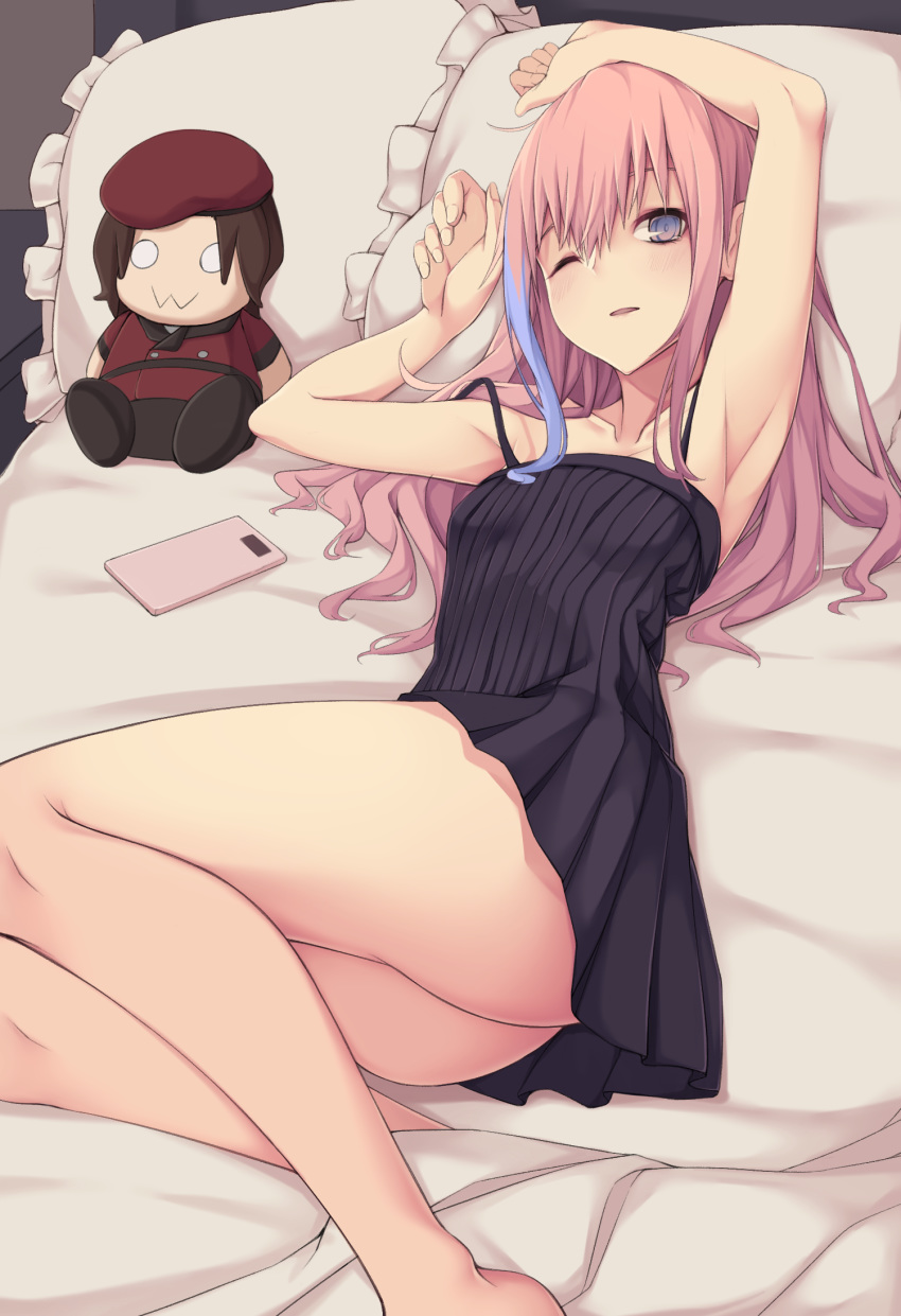 1girl armpits arms_up bare_legs bare_shoulders black_camisole cellphone collarbone girls_frontline hair_between_eyes highres long_hair looking_at_viewer lying magatsuizanagi000 multicolored_hair one_eye_closed parted_lips phone pillow pink_hair solo spaghetti_strap st_ar-15_(girls_frontline) streaked_hair violet_eyes