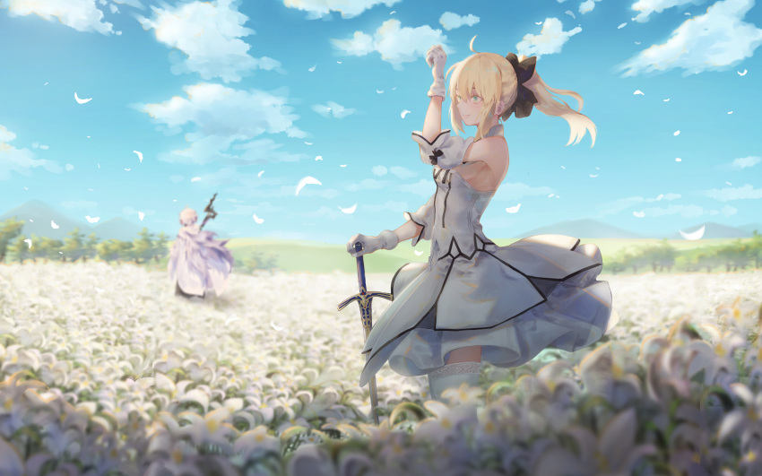 2girls absurdres artoria_pendragon_(all) black_bow blonde_hair bow character_request day dress fate/grand_order fate_(series) flower gloves hand_on_hilt highres huge_filesize looking_away multiple_girls outdoors pigonhae saber_lily short_hair short_ponytail sword thigh-highs weapon white_dress white_gloves white_legwear
