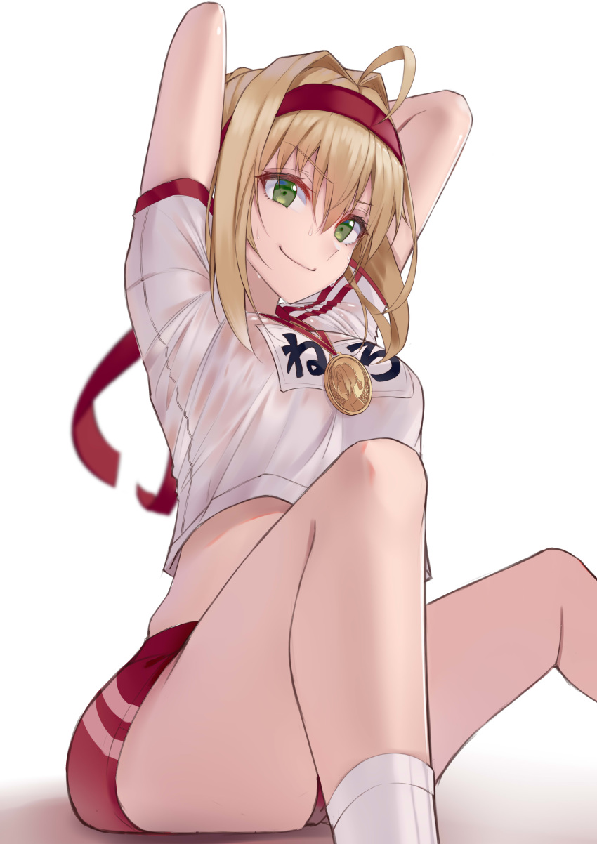 1girl absurdres ahoge arms_behind_head arms_up bangs blonde_hair breasts buruma closed_mouth fate/extra fate/grand_order fate_(series) green_eyes gym_shirt gym_uniform hair_between_eyes hair_intakes harris_hero headband highres knees_up large_breasts long_hair looking_at_viewer medal name_tag nero_claudius_(fate) nero_claudius_(fate)_(all) olympian_bloomers red_buruma red_headband shirt simple_background sitting smile socks solo sweat white_background