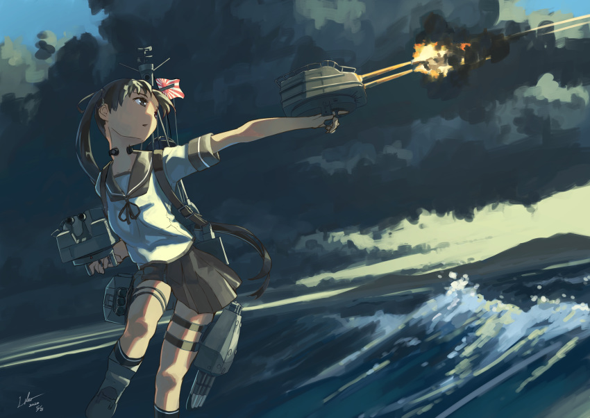 1girl absurdres aiming ayanami_(kantai_collection) blurry brown_eyes brown_hair clouds dark dated depth_of_field dutch_angle firing flag highres hill kantai_collection kneehighs long_hair looking_to_the_side ocean open_mouth outstretched_arm pleated_skirt rising_sun school_uniform serafuku side_ponytail signature skirt sky solo sunburst sunlight thigh_strap throat_microphone turret utachy water waving
