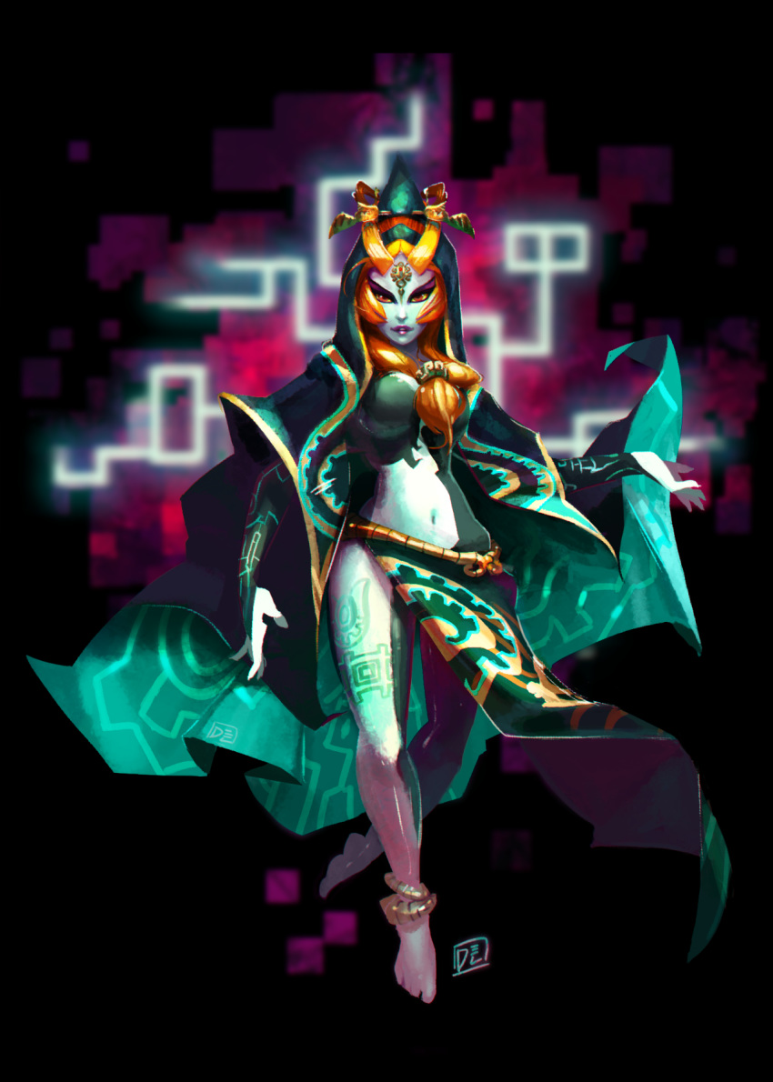 1girl abstract_background anklet barefoot blue_skin breasts cape delano-laramie forehead_jewel highres hood jewelry midna midna_(true) navel orange_hair red_eyes the_legend_of_zelda the_legend_of_zelda:_twilight_princess yellow_sclera