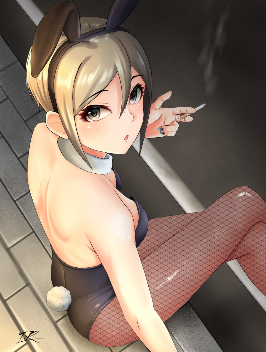 1girl absurdres animal_ears black_eyes black_leotard blonde_hair brown_legwear bunny_girl bunny_tail bunnysuit cigarette commentary_request crossed_legs detached_collar feet_out_of_frame fishnet_legwear fishnets from_above highres holding holding_cigarette idolmaster idolmaster_cinderella_girls leotard looking_at_viewer nail_polish pantyhose rabbit_ears shiomi_shuuko short_hair sitting solo strapless strapless_leotard t.r tail wrist_cuffs