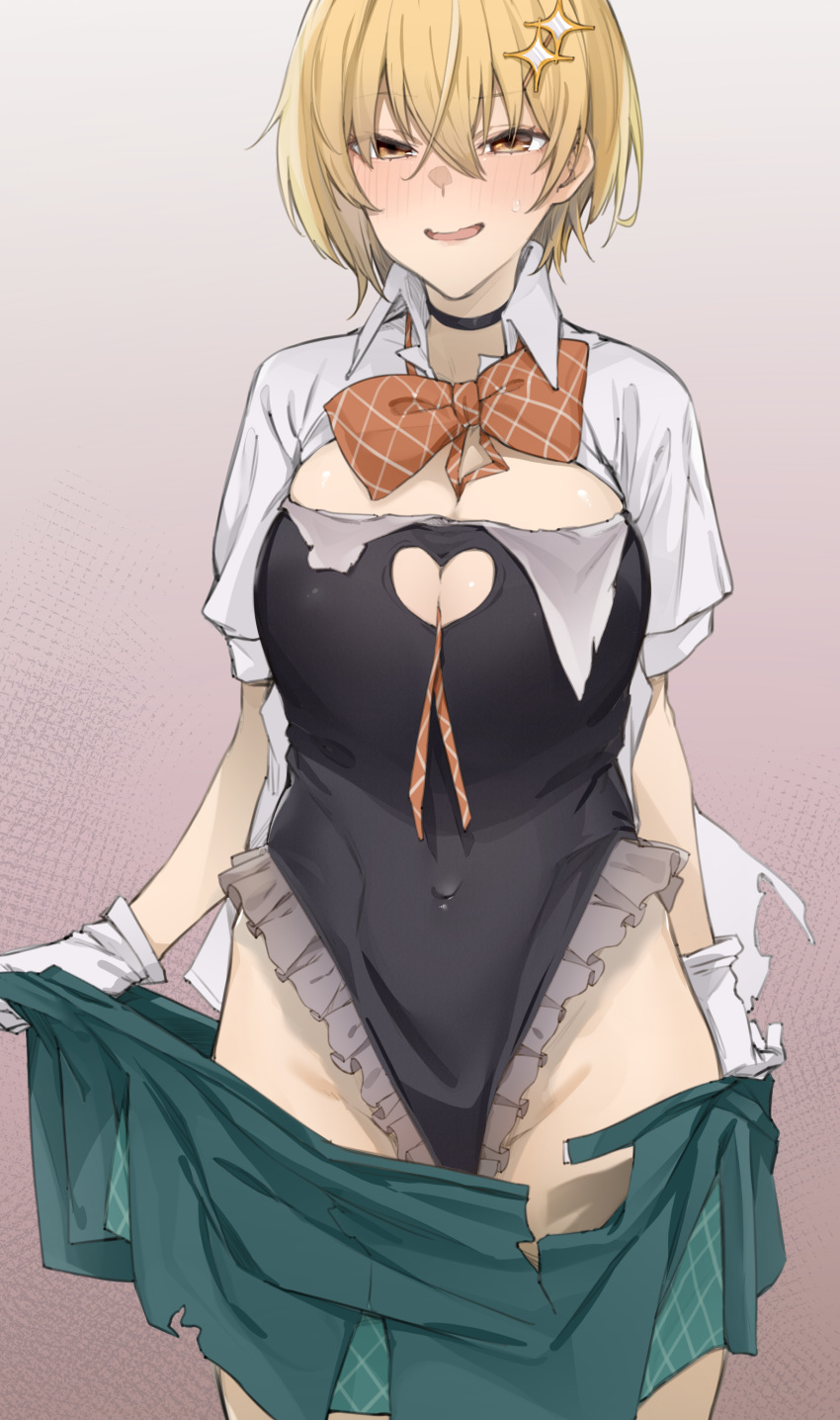 1girl absurdres between_breasts black_choker black_swimsuit blonde_hair blush bow bowtie breasts choker collared_shirt covered_navel dokyuu_hentai_hxeros dress_shirt eyebrows_visible_through_hair frilled_swimsuit frills gloves gradient gradient_background green_skirt hair_between_eyes heart_cutout highres hoshino_kirara large_breasts looking_at_viewer open_clothes open_mouth open_shirt red_neckwear shirt short_hair short_sleeves simple_background skirt solo sparkle_hair_ornament standing swimsuit swimsuit_under_clothes torn_clothes undressing uno_ryoku white_gloves white_shirt yellow_eyes