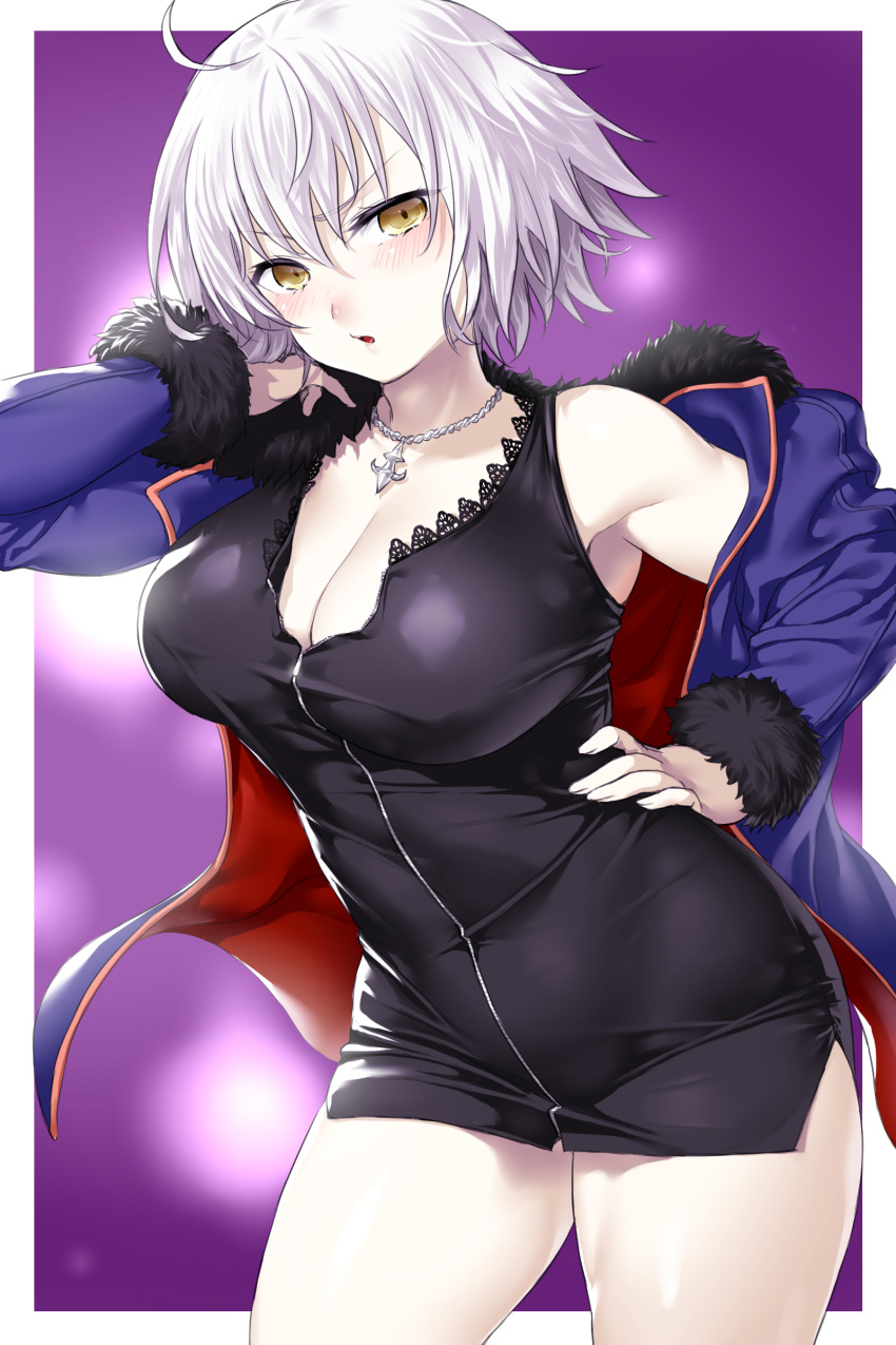 1girl absurdres ahoge bangs black_dress blush border breasts cowboy_shot dress eyebrows_visible_through_hair fate/grand_order fate_(series) fur_collar fur_trim hair_between_eyes hand_on_hip highres jacket jeanne_d'arc_(alter)_(fate) jeanne_d'arc_(fate)_(all) jewelry large_breasts necklace onsoku_inu open_clothes open_jacket purple_background short_hair silver_hair solo tsurime white_border wicked_dragon_witch_ver._shinjuku_1999 yellow_eyes