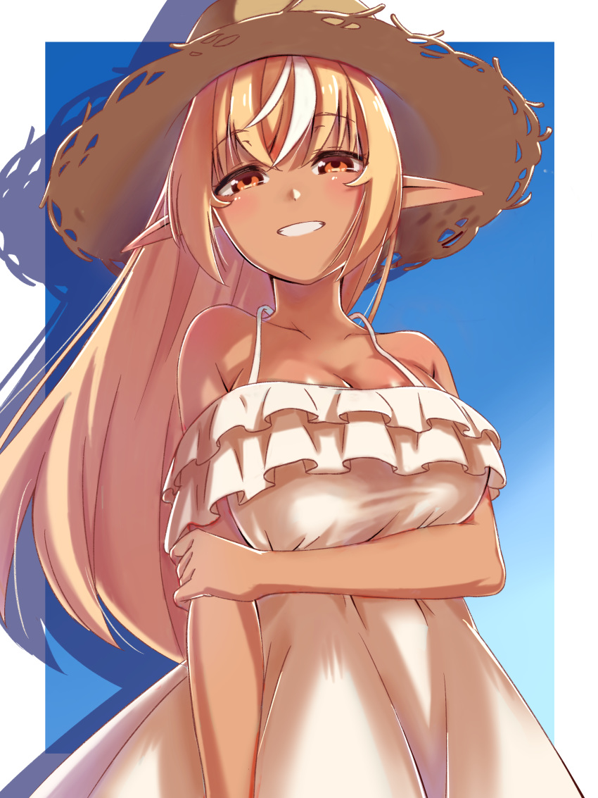 1girl absurdres arm_at_side arm_grab blonde_hair blue_background border breasts brown_hair commentary_request dress elf eyebrows_visible_through_hair frilled_dress frills grin halterneck hat head_tilt highres hololive large_breasts looking_at_viewer meme_tesshin multicolored_hair outside_border pointy_ears shiranui_flare silhouette smile straw_hat streaked_hair sundress virtual_youtuber white_hair