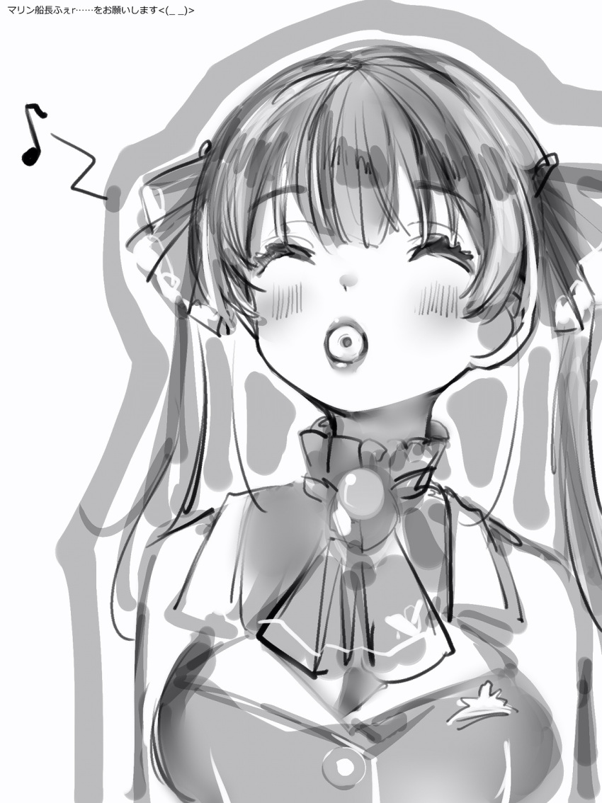 1girl bare_shoulders blush bow bowtie breasts closed_eyes eyebrows_visible_through_hair facing_viewer greyscale hair_bow highres hololive houshou_marine large_breasts long_hair monochrome musical_note nanashi_(nlo74593630) simple_background smile solo spoken_musical_note twintails upper_body virtual_youtuber white_background