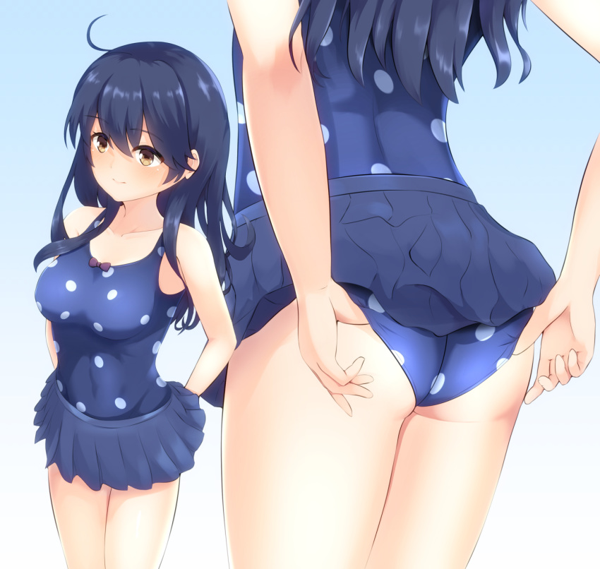 1girl adjusting_clothes adjusting_swimsuit ahoge ass black_hair blue_background blue_skirt blue_swimsuit breasts brown_eyes casual_one-piece_swimsuit collarbone eyebrows_visible_through_hair gradient gradient_background hair_between_eyes highres kantai_collection large_breasts lips long_hair looking_away ochikata_kage one-piece_swimsuit polka_dot polka_dot_swimsuit ribbon school_uniform serafuku skirt smile solo swimsuit ushio_(kantai_collection) white_background