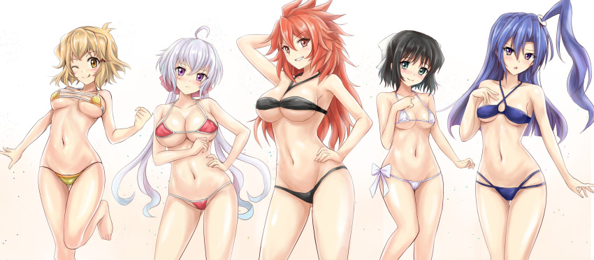 5girls ahoge amou_kanade arm_behind_head bikini black_bikini black_hair blonde_hair blue_bikini blue_eyes blue_hair blush breasts closed_mouth collarbone eyebrows_visible_through_hair green_eyes grin groin hair_ornament hair_ribbon hand_on_hip highres kazanari_tsubasa kohinata_miku large_breasts long_hair looking_at_viewer multiple_girls navel one_eye_closed parted_lips r-binon red_bikini red_eyes redhead ribbon senki_zesshou_symphogear shiny shiny_hair shiny_skin short_hair simple_background smile standing standing_on_one_leg swimsuit swimwear tachibana_hibiki_(symphogear) teeth tongue tongue_out twintails violet_eyes white_background white_bikini white_hair yellow_bikini yellow_eyes yukine_chris